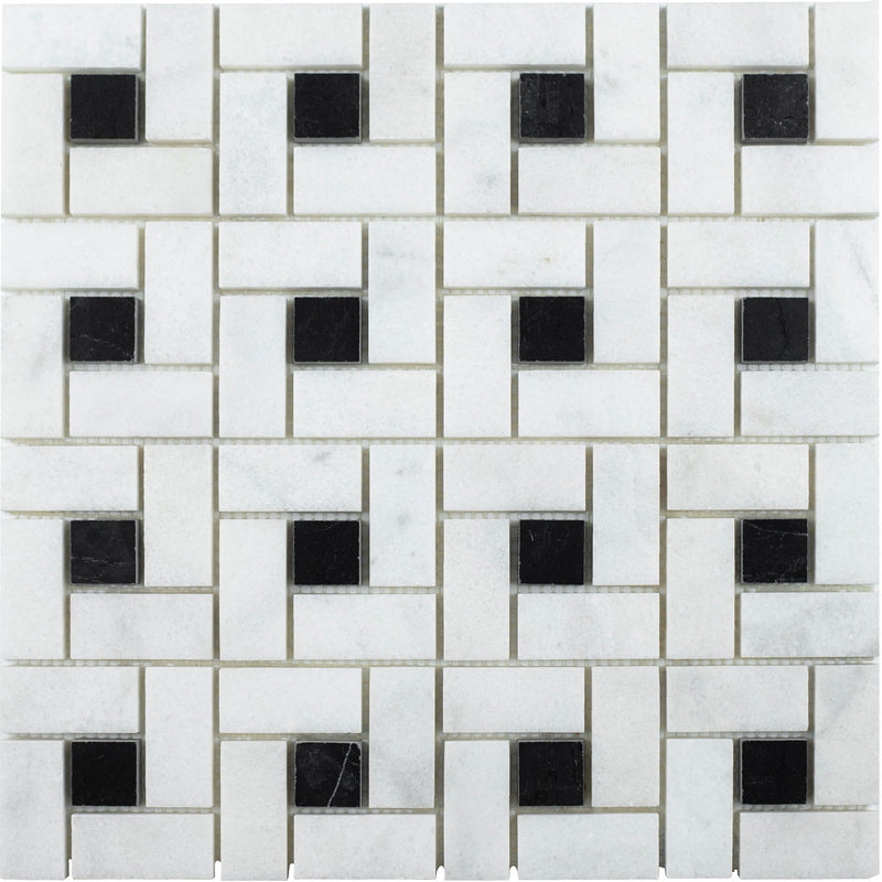 Alba Vera & Black Silk Pinwheel Polished with Honed Dot Mosaic