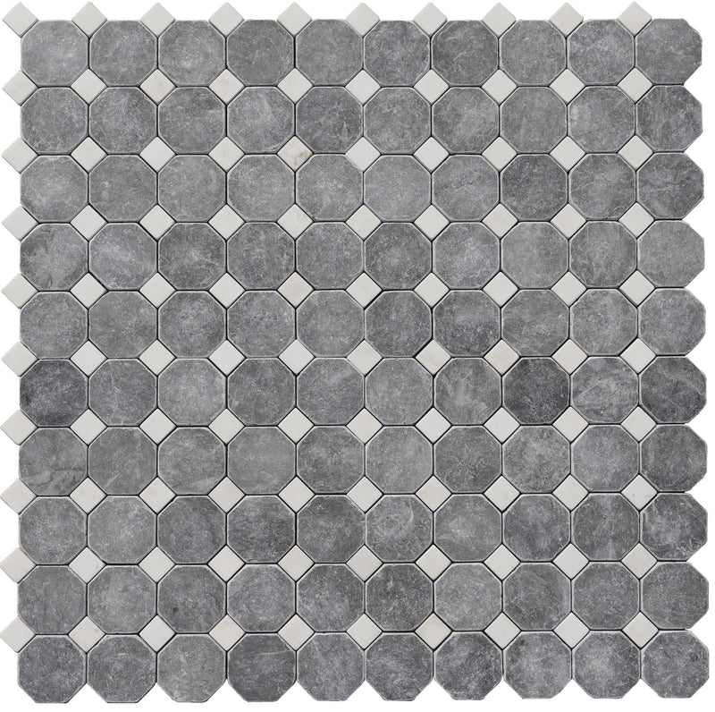 Glacier White & Lovina Grey Siena Octagon Tumbled Mosaic