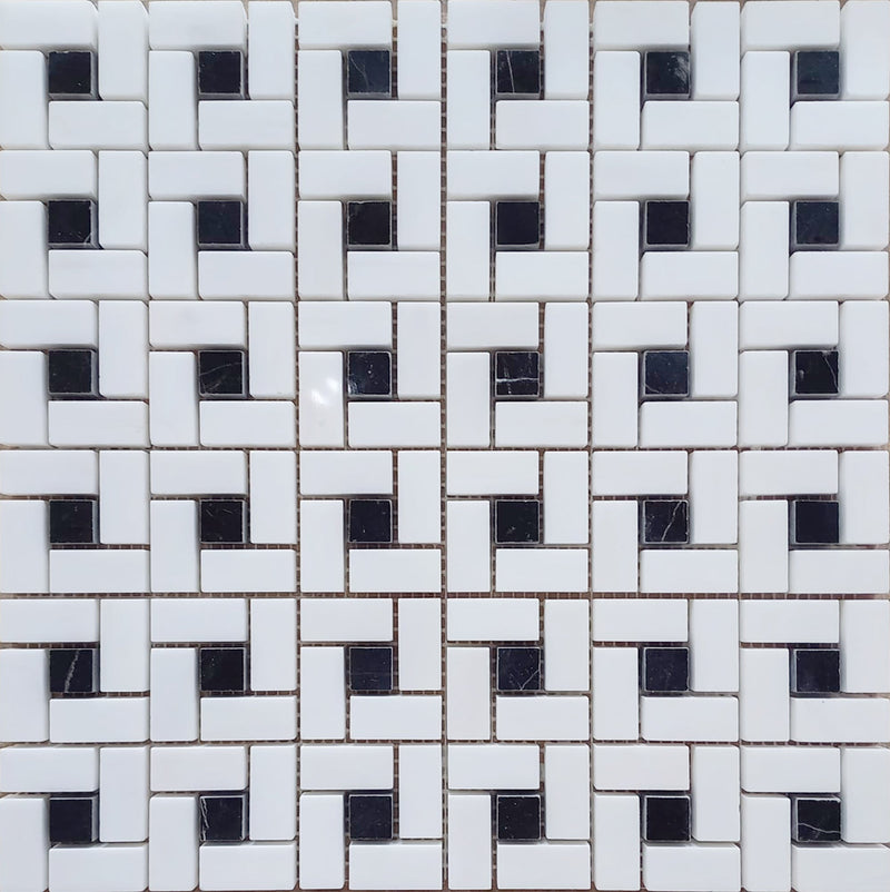Glacier White & Black Silk Pinwheel Polished Mosaic