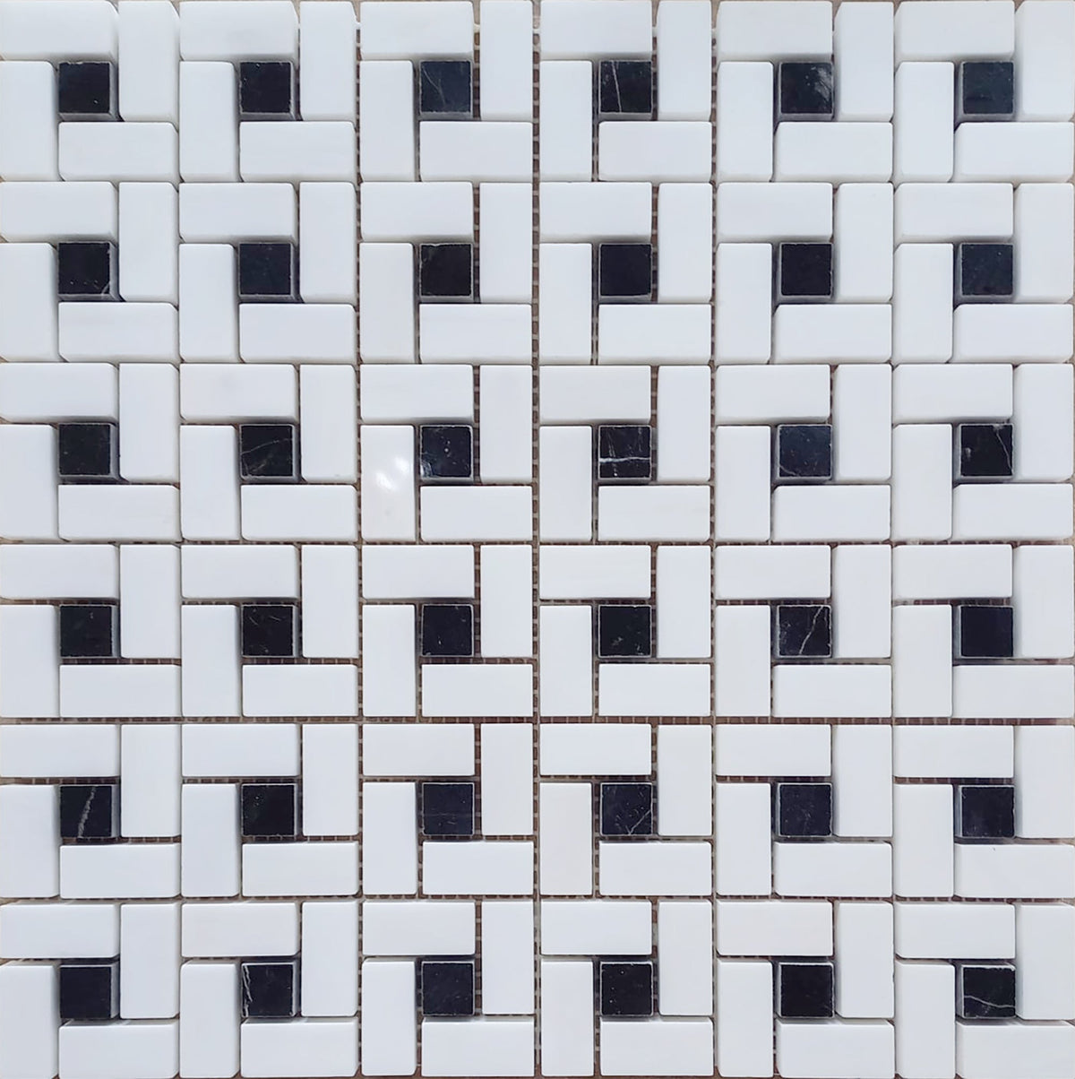 Glacier White &amp; Black Silk Pinwheel Polished Mosaic 