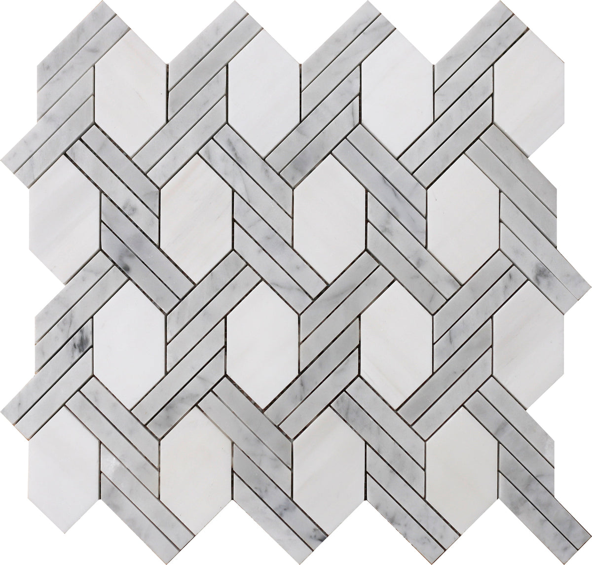 Glacier White &amp; Bianco Carrara Braid Basketweave Honed Mosaic 