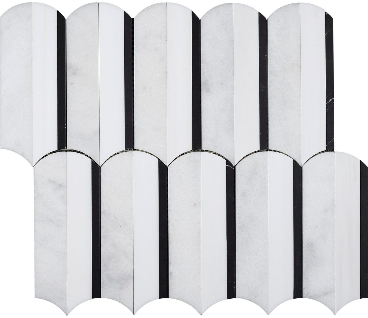Glacier White &amp; Alba Vera &amp; Black Silo Honed Waterjet Mosaic 