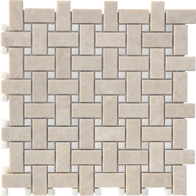 Afyon White & Crema Ella Basketweave Honed Mosaic