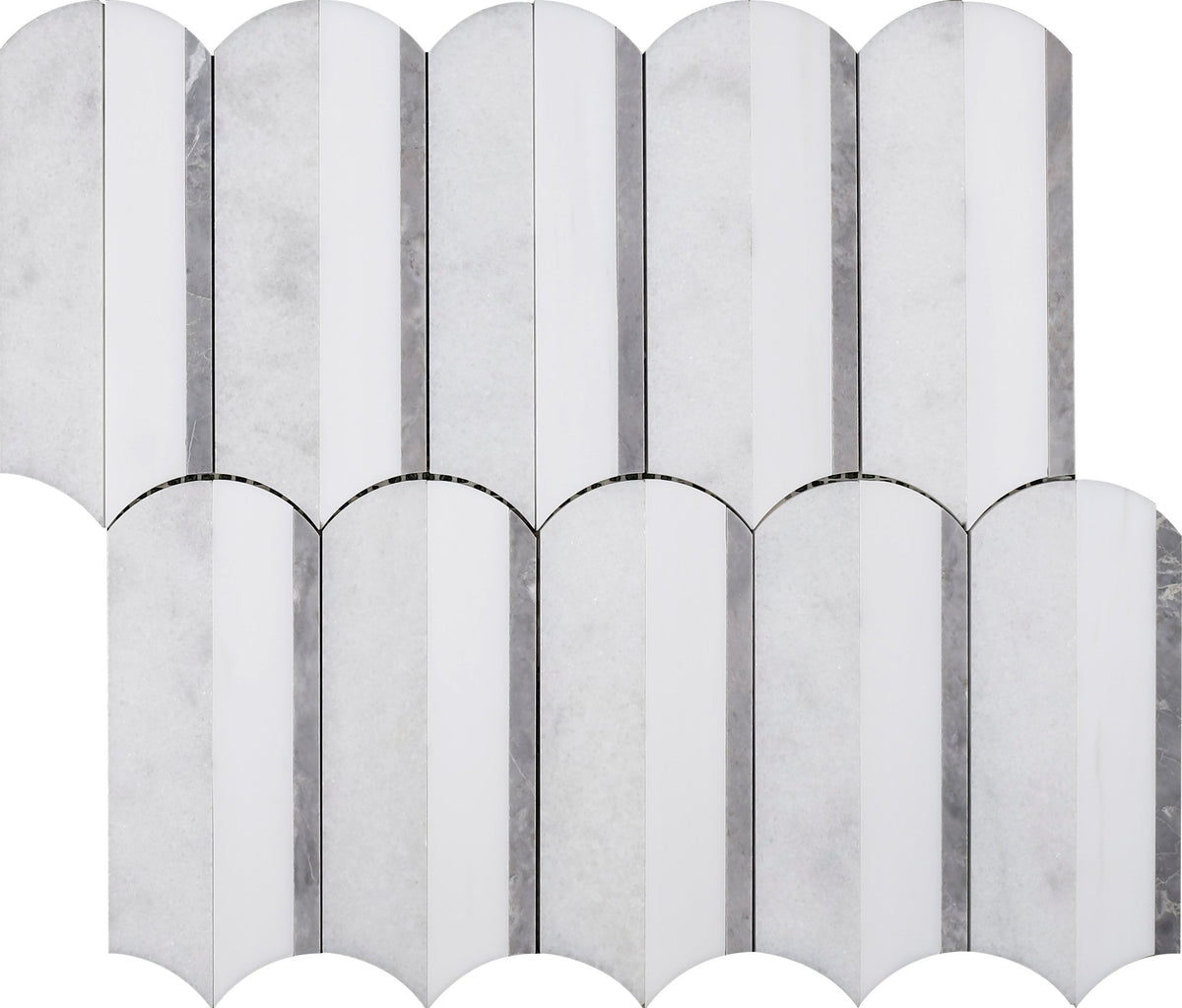 Glacier White &amp; Alba Vera &amp; Grey Silo Honed Waterjet Mosaic 