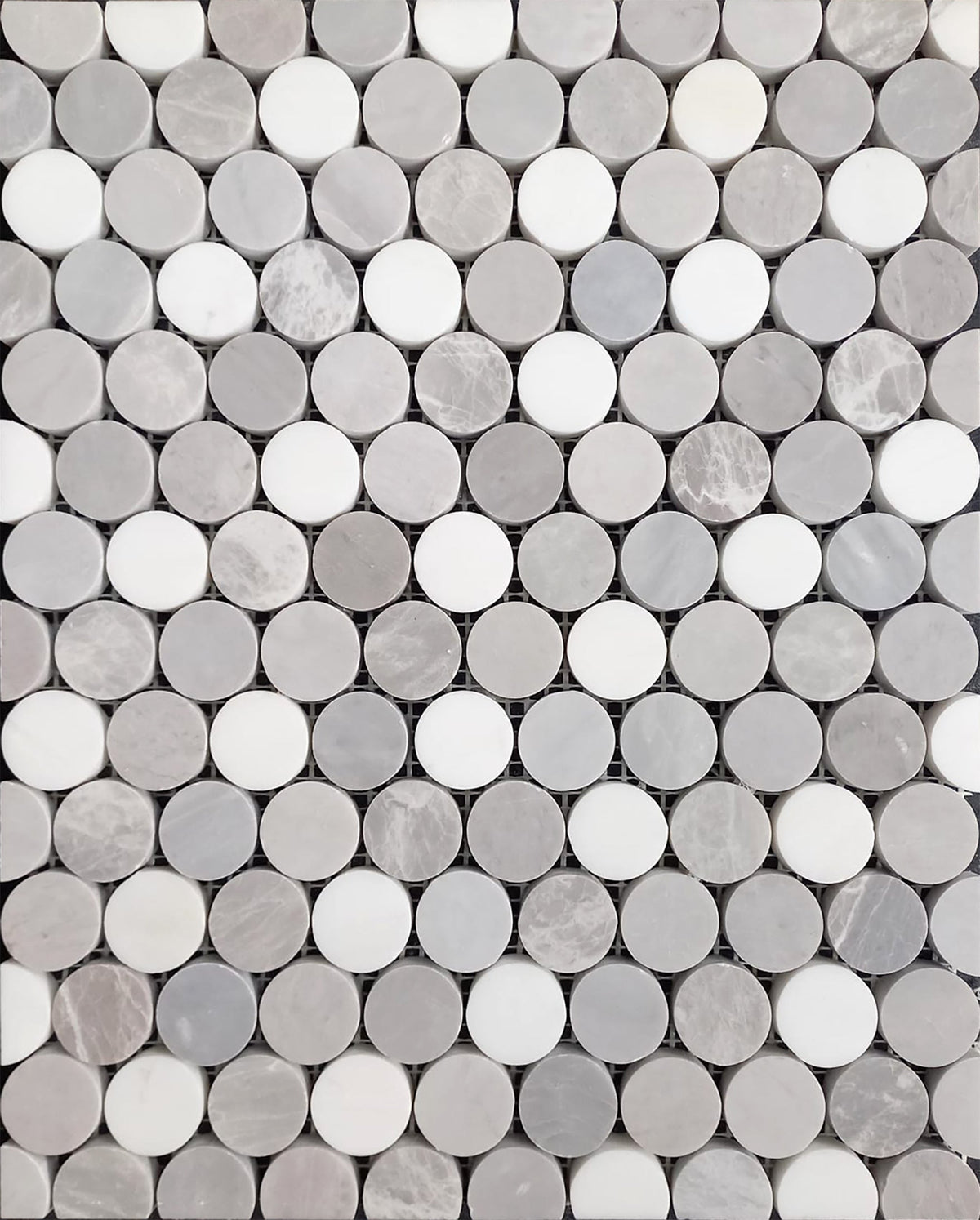 Glacier White &amp; Ice Grey &amp; Earth Grey &amp; Nordic Grey Penny Round Honed Mosaic 