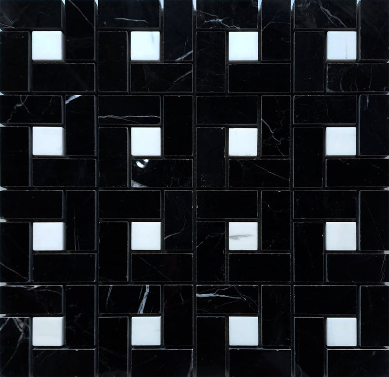 Glacier White & Black Silk Pinwheel Large Polished Mosaic