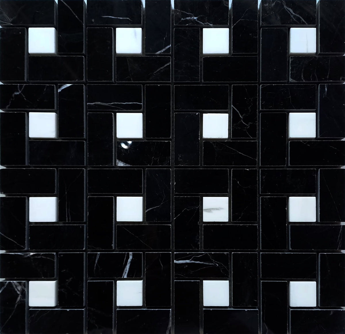 Glacier White &amp; Black Silk Pinwheel Large Polished Mosaic 